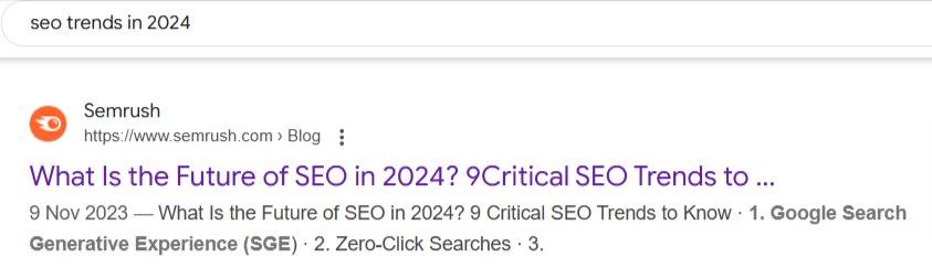 Search result page for SEO trends in 2024