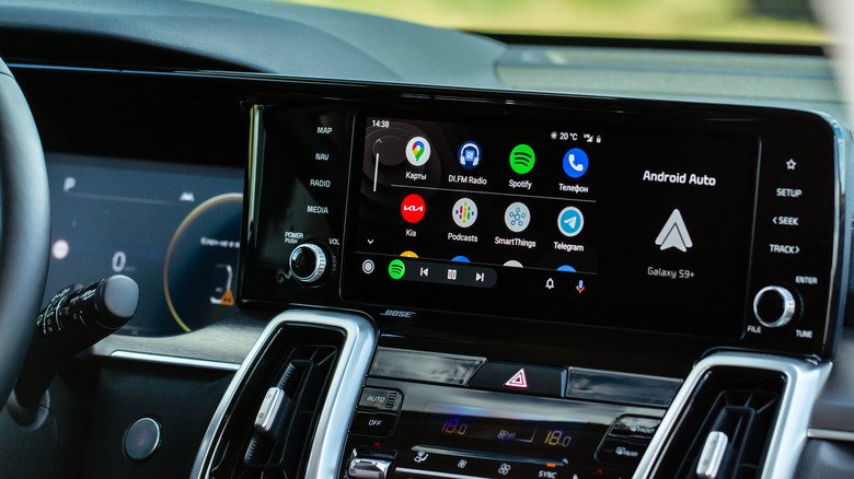 The Android Auto interface, with available apps, on a car screen