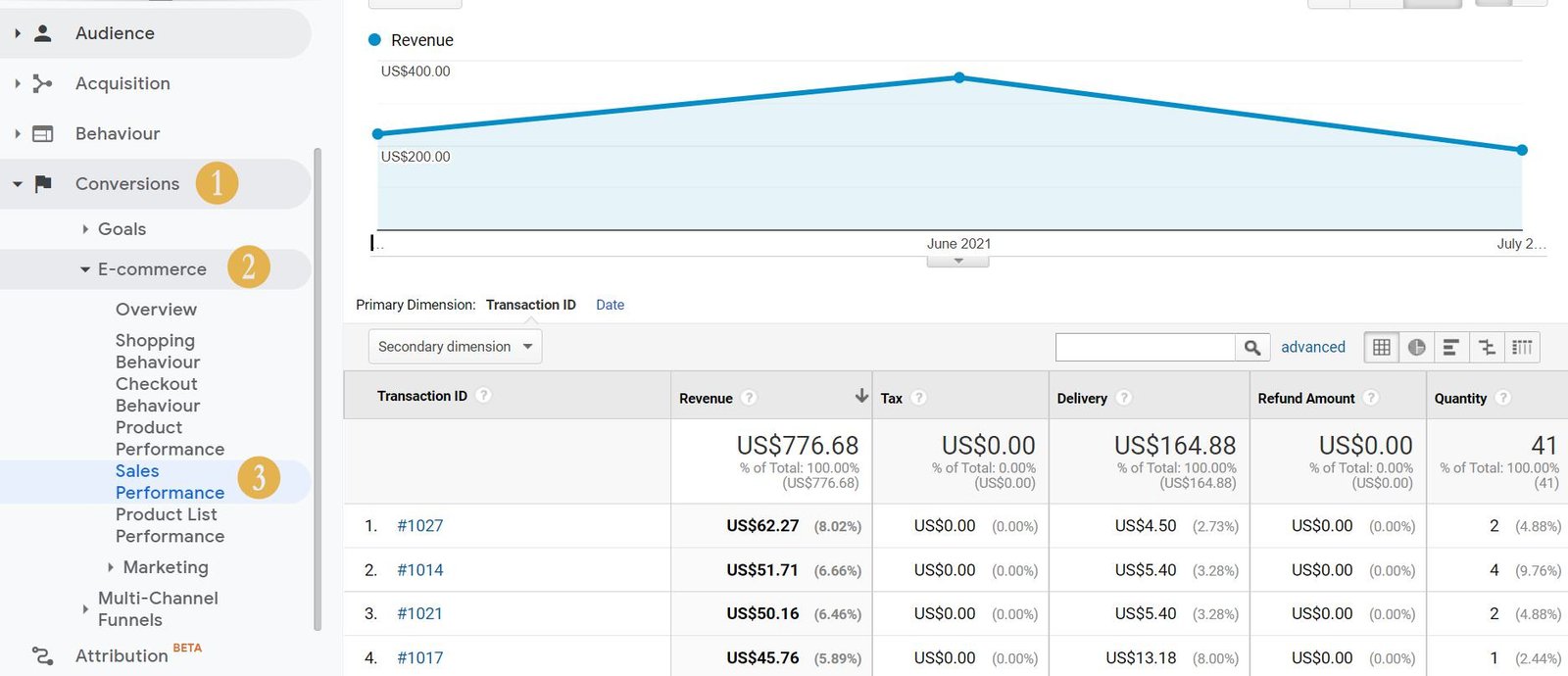 Sales Performance in Google Analytics.