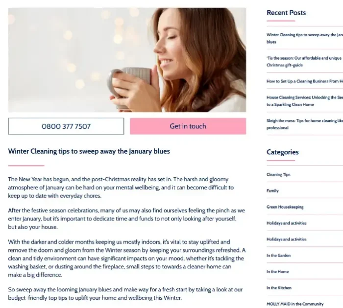 Screenshot of a blog article covering winter cleaning tip content showcasing how content should provide value first and convert customers second.