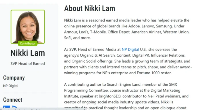 An author page for Nikki Lam on SearchEngineLand