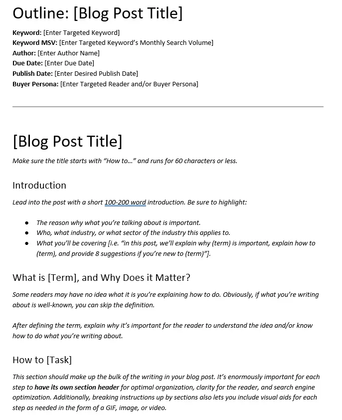A blog outline template.