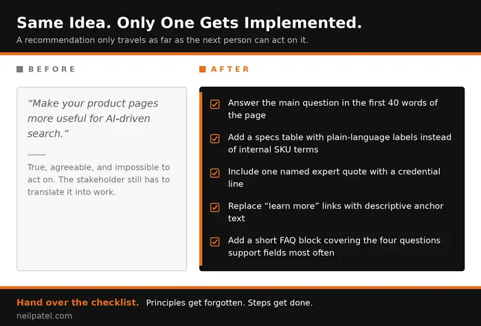 Comparison showing a vague content recommendation rewritten as a specific checklist.