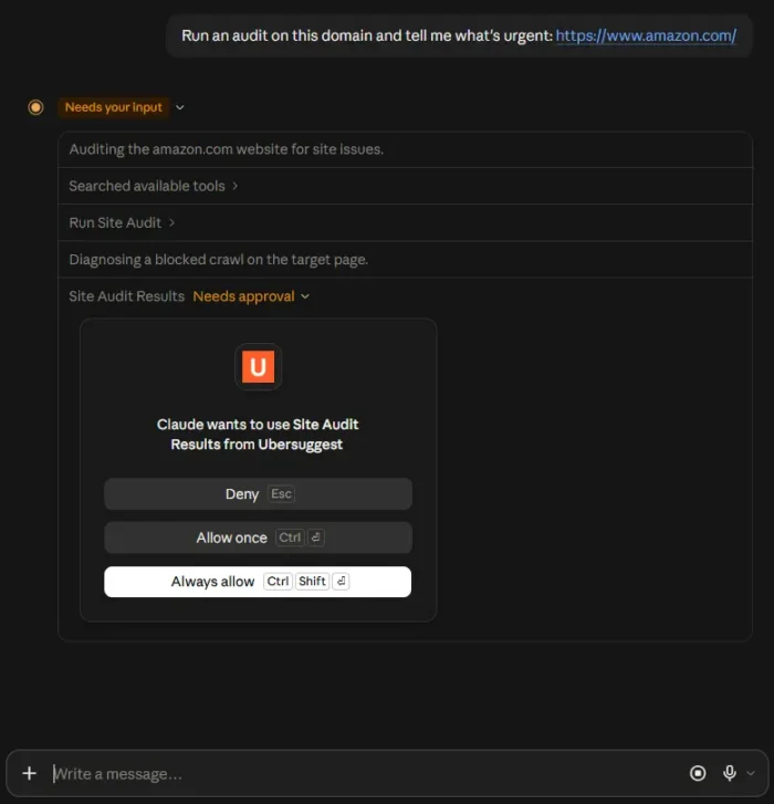 A prompt in Claude asking if the user can use Site Audit Results from Ubersuggest.