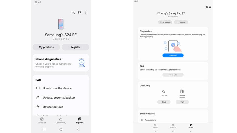 Screenshots of a phone (left) and tablet (right) view of the Samsung Members app.