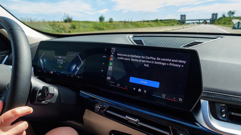 CarPlay display showing MyRadar welcome screen.