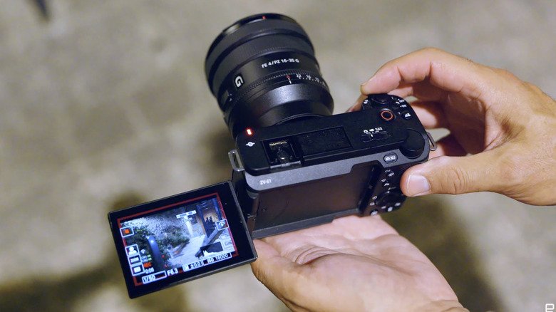 Sony's ZV-E1 vlogging camera shown from the back with the screen extended.